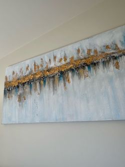 Large Modern Abstract Canvas Wall Art – Gold, Blue & Gray Textured Painting