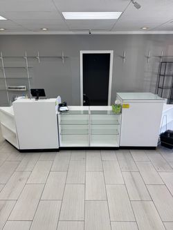 White Retail Display Counter with Glass Shelves