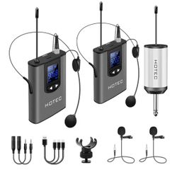 HOTEC UHF Wireless Headset Microphone/Lavalier Lapel Mic with Bodypack Transmitter and Mini Rechargeable Receiver 1/4" Output for Vlogging or Speech