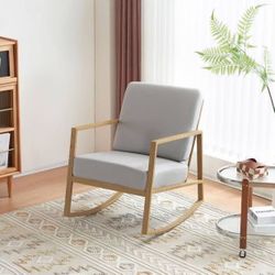 Metal Rocking Chair Accent Chair，Livingroom Bed Room Modern Armchair with Thick Foam Cushion and Inclined Backrest and Printed Wood, Rocking Armchair 
