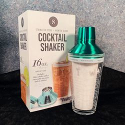 Cocktail Shaker Green Stainless Steel Printed Glass 16 oz Barware Bar Silver One