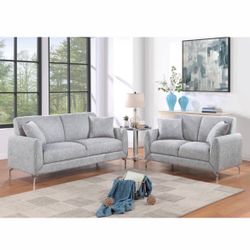 Sofa Loveseat Set Light Grey Or Dark Grey Burlap Like Fabric Pillows Included Chrome Legs Brand New In Box Firm Price $499