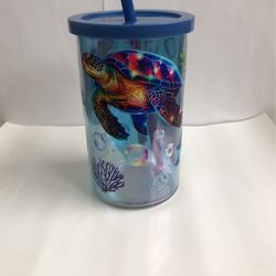 Sea Turtle Design Glass Cup With Acrylic Plastic Lid