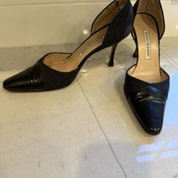 Manolo Blahnik Women Leather & Wool Pumps/Shoes, Size 38.5