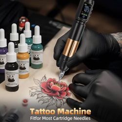   Wireless Tattoo Machine Pen Kit with 2Pcs 1600mAh Replaceable battery and 20 pcs Tattoo Cartridge Needles, 10 Ink Colors