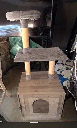 Plush cat tree with wooden storage