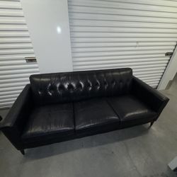Black Tufted Leather Sofa - Mid Century Modern