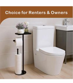 Free Standing Toilet Paper Holder Stand with Phone Shelf, Holds 5 Paper Rolls, Black Tissue Roll Holder for Bathroom, Sturdy Engough for Potted Plants