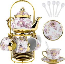 20 Pcs Porcelain Tea Set with Metal Holder European Flower Tea Sets for Adults, Ceramic Tea Party Set European Flower Painting Teapot Cup Saucer Spoon