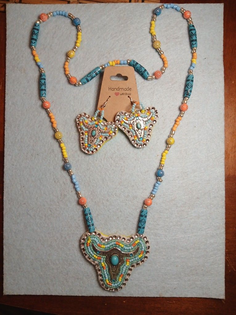 Handmade Beaded Medallion And Earrings