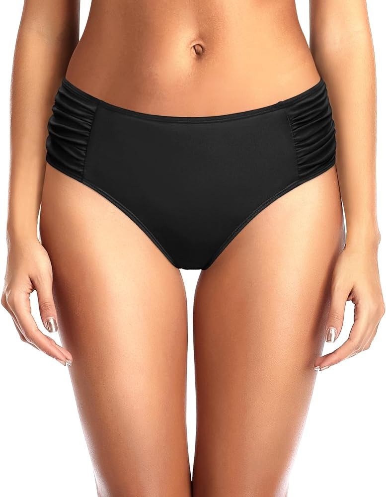 Tempt Me Women Black Bikini Bottoms Mid Waist Ruched Bathing Suit Swimsuit Full