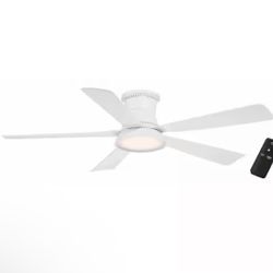 Hampton Bay Hawkspur 52 in. Indoor/Outdoor Matte White Low Profile Ceiling Fan with Adjustable White LED with Remote Included.