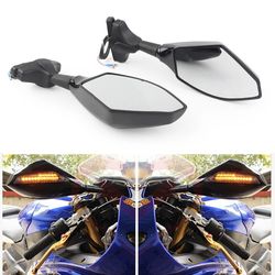 Motorcycle Side Rearview 1Pair Motorcycle Handlebar Mount Rearview Mirror With LED Turn Signal Lights For YZF R1 R6 2000-2008