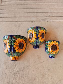 Talavera Sunflower Wall Decoration Leaning Clay Pots Set. Planters,Plants, Pottery. $85 cada set de 3