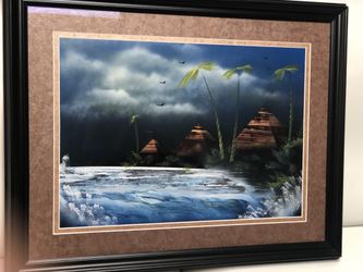 Custom Framed Art spray painting ocean palm trees Egypt pyramids