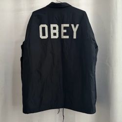 Navy Obey Worldwide Sanders Coaches Dusty Navy Spellout Windbreaker Lined Jacket
