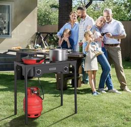 2 Burner Outdoor Propane Gas Stove with Adjustable Regulator, 150,000 BTU High Pressure Stand Cooker for Backyard Cooking Camping Home Brewing Canning