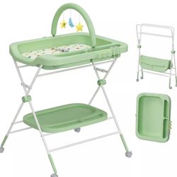 Baby Portable Diaper Changing Table, Folding Diaper Changing Station with Wheels, Adjustable Height Diaper Station with Nursery Organizer & Storage Ra