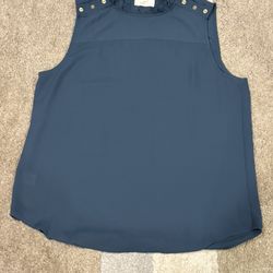 LOFT Blue Sleeveless Ruffle Neck Blouse Button Accent Petite M RN140923 