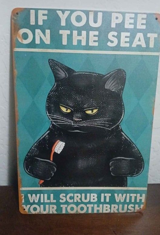 2D Flat, Funny Bathroom Wall Decor - "If You Pee on Your Seat" Metal Sign with Angry Black Cat, Vintage Retro Teal & Orange Design - Heavy-Duty Iron
