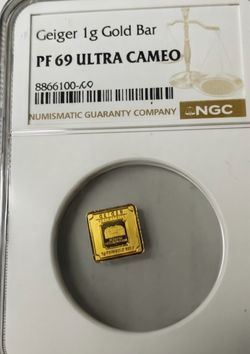 1g GEIGER GOLD BAR SLABBED!! NGC PR69 PROOF ULTRA CAM .9999 PURE!!