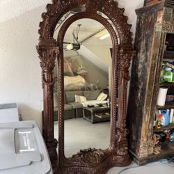 Antique Italian Carved Wood Full-Length Mirror 