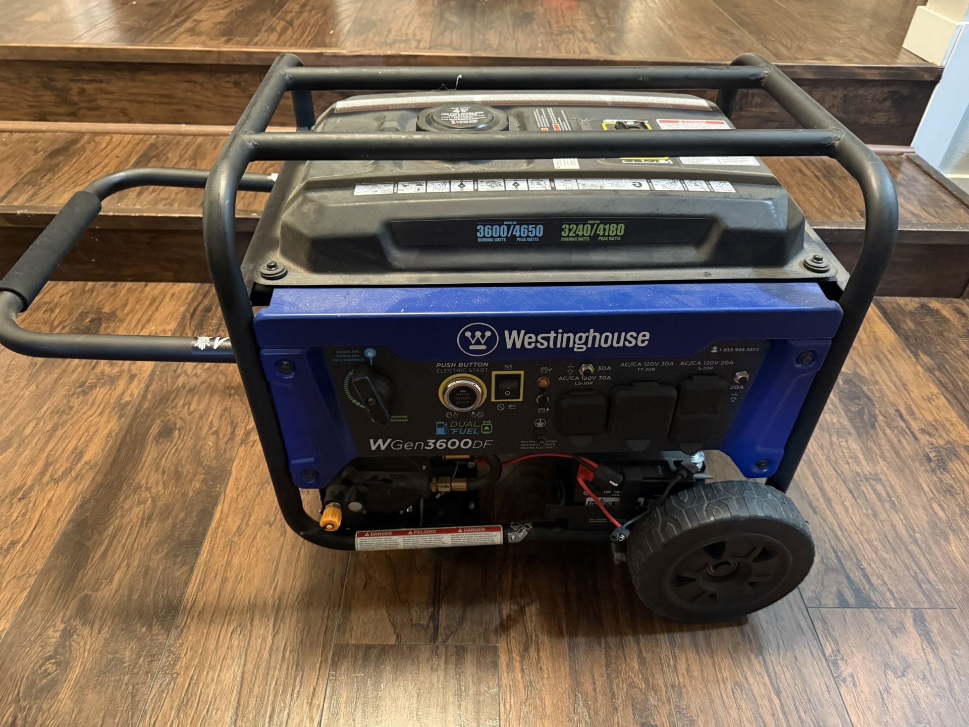 Westinghouse 4650 Peak Watt Dual Fuel Portable Generator, Remote Electric Start with Auto Choke, RV Ready 30A Outlet, Gas & Propane Powered. Only used