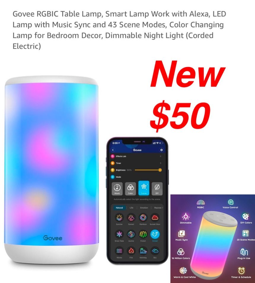 New Govee RGBIC Table Lamp, Smart Lamp Work with Alexa, LED Lamp with Music Sync and 43 Scene Modes, Color Changing Lamp for Bedroom Decor, Dimmable N