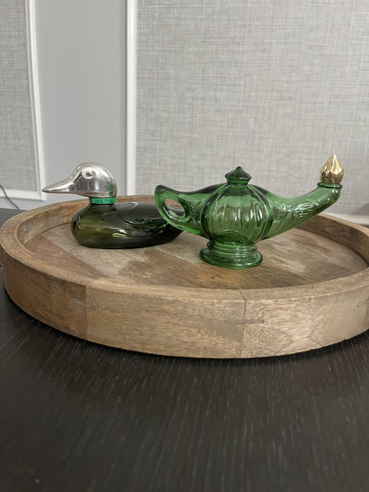 Two Unique Avon green glass bottles for one great price!!! Aladdin's lamp Occur! Foaming Bath Oil (empty). And a Mallard Decanter After Shave Lotion S