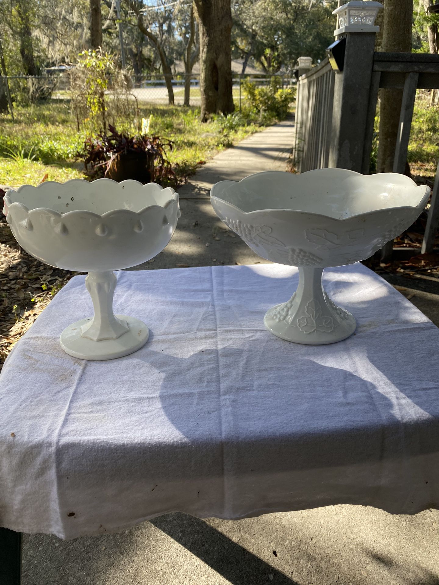 Vintage Milk Glass Flower/fruit Holder With Porcelain Vase And Orchid Pot