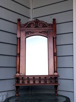 Solid Mahogany Wood Hand Carved Bevelled Shelf Wall Mirror