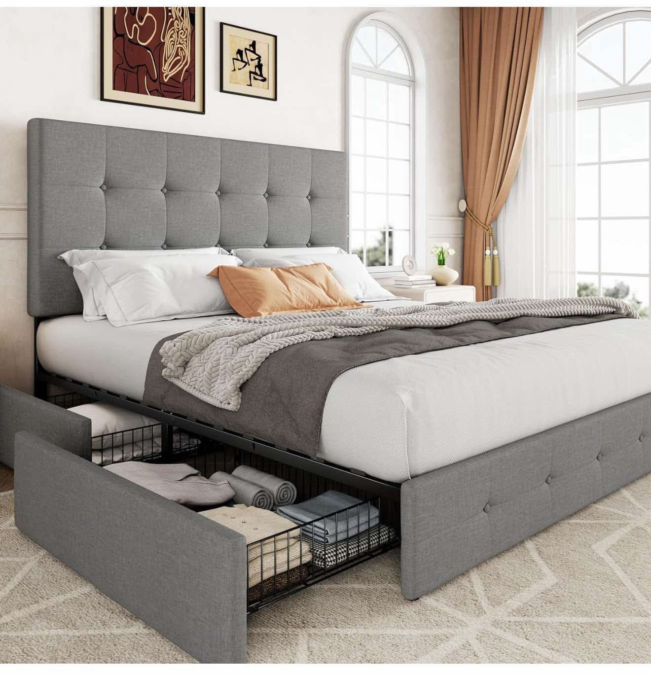 Upholstered Full Size Platform Bed Frame with 4 Storage Drawers , Light Grey O-14