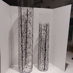 Black Bird And Trees On Glass Vases 