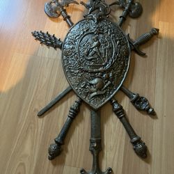 Antique Wall Plaque Metal Warrior Cost Of Arms Should Raised Relief 32.5”x21”