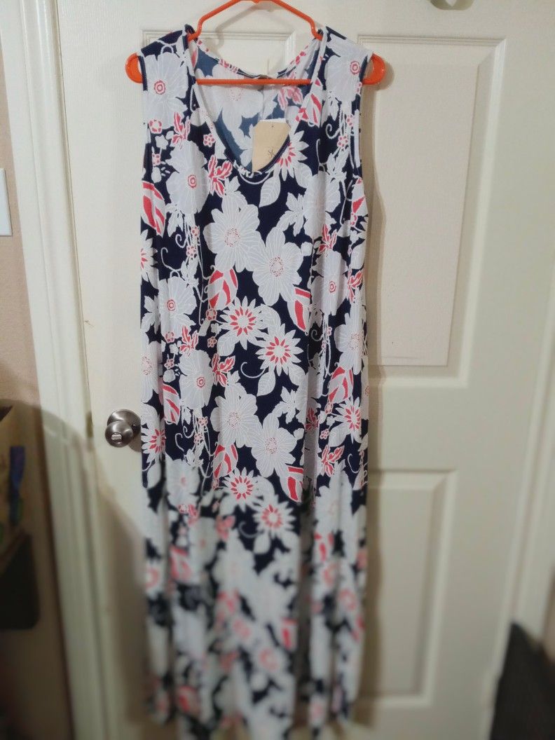  New S J S  Woman's  Navy   And White Floral Sleeveless  Summer Long Dress Size 2X 