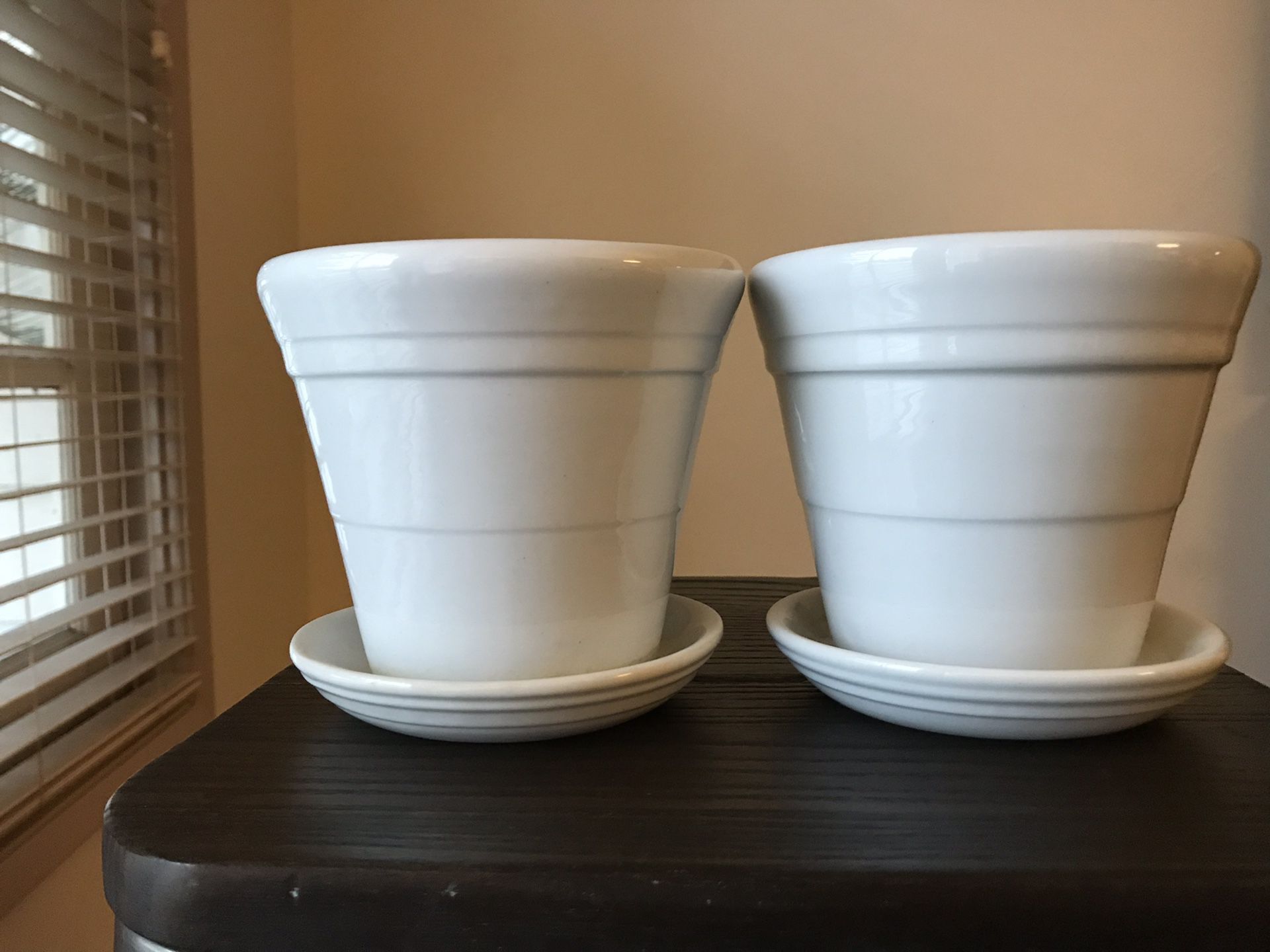 2 Very Pale Blue Ceramic Flower Pots with Removable Saucers (4.75in tall & 5.5in across the top)