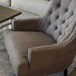 2 Taupe Textured Upholstery Tufted Back Accent Chair - NEEDS LIGHT CLEANING 2 Taupe Tufted Back Accent Chair - Needs light cleaning - MOVING ASAP 