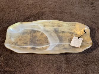 Gorgeous NEW Akcam Turkish Art Glass Serving Platter Gold White Swirl 13”