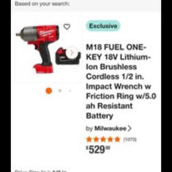Milwaukee fule m18 1/2 in square Impact Wrench 250 or 350 with 5ah Battery and charger