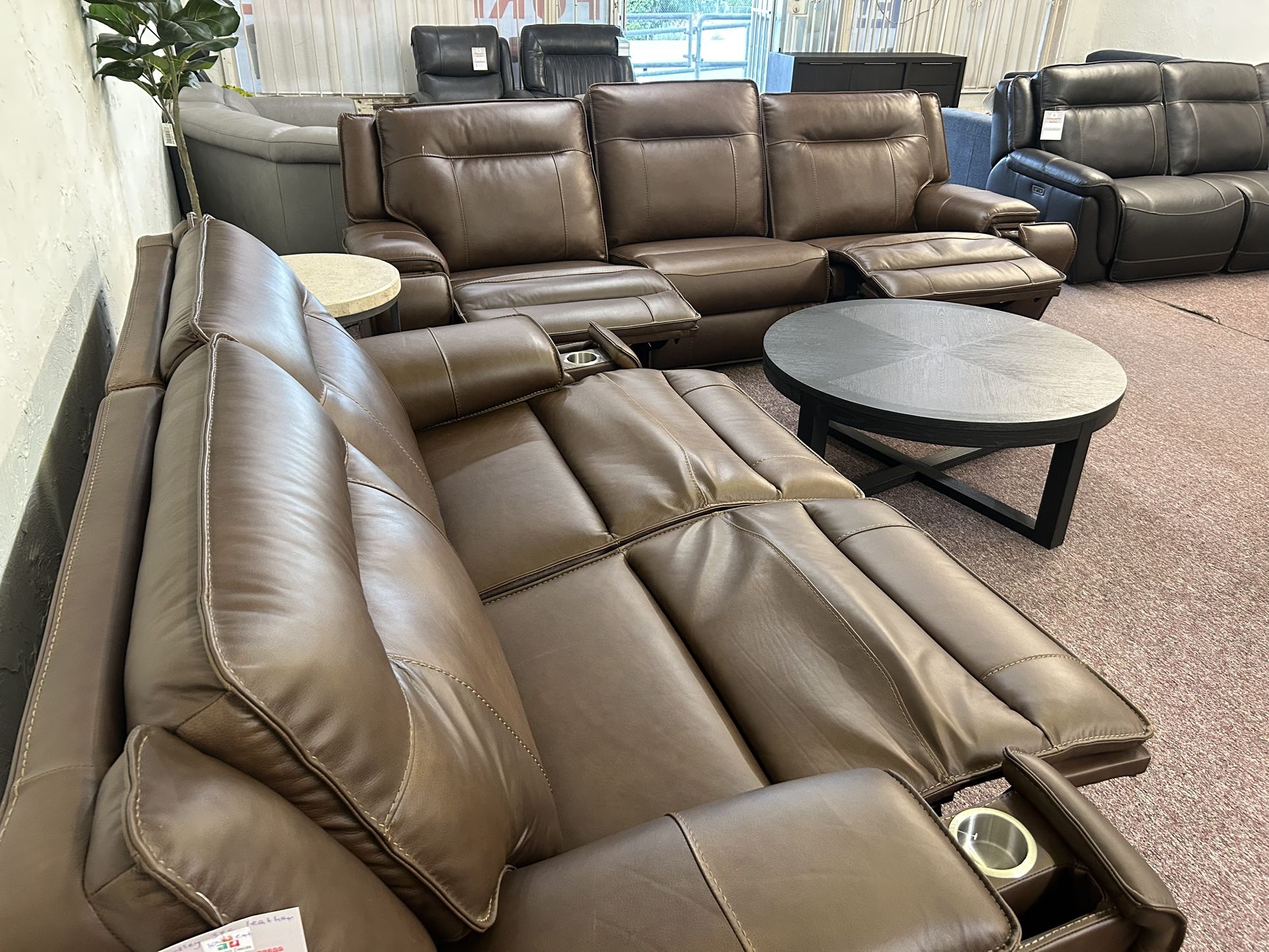 Furniture- Zero Gravity 100% Real Leather Sectional With 3 Power Recliners- Hansley