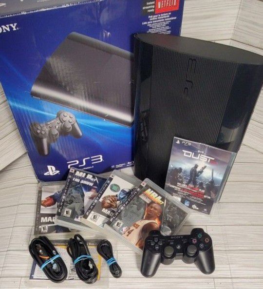 $120 Sony PlayStation 3 Super Slim 250GB Black Console  + Controller + 5 Game + HDMI & USB Cord + Box PS3