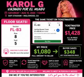 KAROL G - VIP FLOOR TICKET for SAT 15th - PRICE REDUCED - no profit