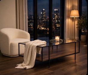 Modern Coffee Table — 48" Glass Top, Black Metal Frame, Wood Shelf