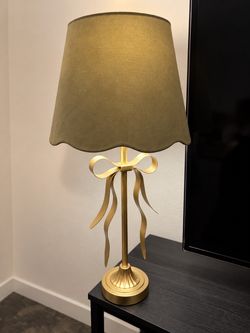 Gold Bow Table Lamp with Sage Scalloped Suede Shade