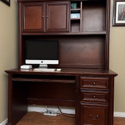 Dark Cherry Wood Office Desk with Hutch (USED)