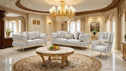 Beige Fabric Sofa & Loveseat Set with Gold Trim Accents