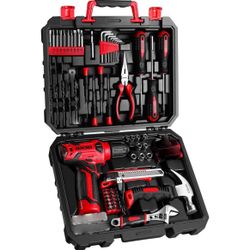 This multi-tool set includes an 8V cordless drill/screwdriver, hammer, measuring tape, and precision
