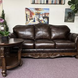 65% SALE Top Grain Leather Sofa With Carving Wood