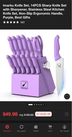 New imarku Knife Set, 14PCS Sharp Knife Set with Sharpener, Stainless Steel Kitchen Knife Set, Non-Slip Ergonomic Handle, Purple
