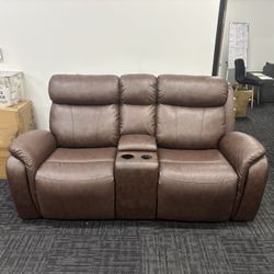 Damaged Leather Brown Electric Loveseat Recliner With Storage & Cup Holder